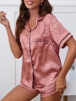 Women's Loungewear Sets Leopard Stripe Casual Comfort Soft Home Daily Bed Polyester Breathable Lapel Short Sleeve Shirt Shorts Pocket Elastic Waist Summer Spring Light Pink Lotus Pink -Ladies Pajamas Store gbhdzq1680594371063