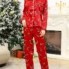 Women's Christmas Pajamas Sets Cartoon Fashion Comfort Soft Home Xmas Daily Satin Breathable Lapel Long Sleeve Shirt Pant Button Pocket Fall Winter Red -Ladies Pajamas Store gctabk1693467372151