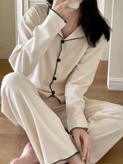 Women's Loungewear Sets Pure Color Fashion Comfort Soft Home Daily Bed Polyester Breathable Lapel Long Sleeve Pant Button Elastic Waist Fall Winter White Brown