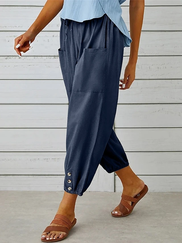 Women's Cotton And Linen Loungewear Pants Pure Color Elastic Waist With Drawstring Simple Casual Comfort Home Daily Vacation Breathable Pocket Summer Spring Black White 8 Women's Cotton And Linen Loungewear Pants Pure Color Elastic Waist With Drawstring Simple Casual Comfort Home Daily Vacation Breathable Pocket Summer Spring Black White - Image 6