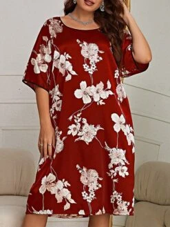 Women's Plus Size Nightgown Dress Flower Casual Comfort Soft Home Daily Bed Polyester Breathable Crew Neck Half Sleeve Dress Summer Spring Black Red -Ladies Pajamas Store gegxcn1682666837537