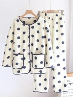 Women's Loungewear Sets Dot Fashion Comfort Soft Home Daily Bed Flannel Warm Breathable Crew Neck Long Sleeve Shirt Pant Button Pocket Fall Winter Black White -Ladies Pajamas Store gfqhoh1692927369208