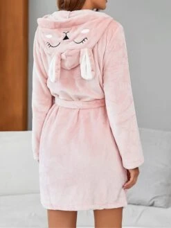 Women's Flannel Robes Gown Rabbit Simple Plush Casual Home Daily Bed Breathable Hoodie Long Sleeve Pocket Fall Winter Pink