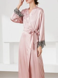 Women's Satin Silk Bathrobe Robe Embroidered Lace Decoration Long Sleeve Nightgown Pure Color Fashion Casual Comfort Home Daily Bed Summer Fall Black Pink