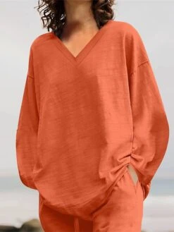 Women's Plus Size Loungewear Sets 2 Pieces Pure Color Fashion Casual Comfort Street Daily Date Cotton Breathable V Wire Long Sleeve Pant Summer Fall Yellow Pink -Ladies Pajamas Store ggoucx1689326426517