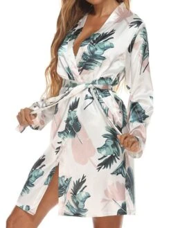 Women's Pajamas Robes Gown Bathrobes Nighty 1 PCS Star Flower Fashion Retro Comfort Home Wedding Party Spa Satin V Wire Long Sleeve Print Belt Included Spring Summer Black Blue -Ladies Pajamas Store ghwism1643189536520