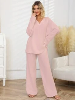 Women's Pajamas Sets Pure Color Fashion Casual Soft Home Daily Bed Polyester Breathable V Wire Long Sleeve Pant Summer Fall Black White -Ladies Pajamas Store glkyjn1697185183854