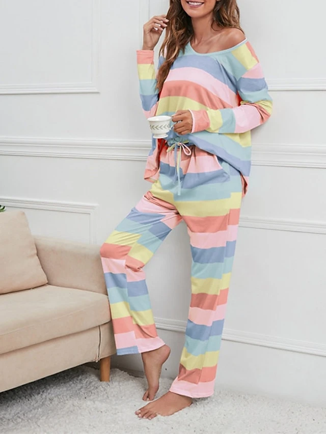 Women's Pajamas Nighty Pjs Sets 2 Pieces Rainbow Stripe Fashion Comfort Soft Home Daily Bed Cotton Breathable V Wire Long Sleeve T Shirt Tee Pant Spring Fall Yellow Blue 13 Women's Pajamas Nighty Pjs Sets 2 Pieces Rainbow Stripe Fashion Comfort Soft Home Daily Bed Cotton Breathable V Wire Long Sleeve T Shirt Tee Pant Spring Fall Yellow Blue - Image 11