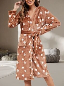 Women's Flannel Bathrobe Robes Gown Dot Simple Casual Comfort Home Daily Bed Breathable V Wire Long Sleeve Pocket Fall Winter Brown