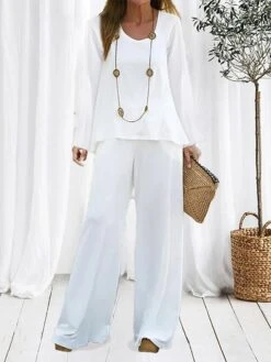 Women's Loungewear Sets Pure Color Fashion Comfort Soft Home Daily Bed Polyester Breathable Crew Neck Long Sleeve Pullover Pant Fall Winter Black White -Ladies Pajamas Store gmyzkb1694164343760