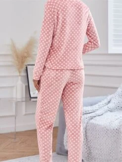 Women's Fleece Pajamas Sets Flannel Warm Dot Warm Fashion Plush Home Daily Bed Breathable Crew Neck Long Sleeve Pant Fall Winter Pink -Ladies Pajamas Store gpndld1695023630334
