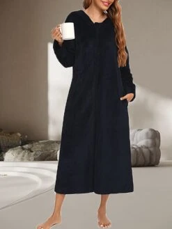 Women's Warm Bathrobe Robes Gown Pure Color Simple Casual Comfort Home Daily Bed Polyester Breathable Hoodie Long Sleeve Pocket Fall Winter Black Wine -Ladies Pajamas Store grnzlm1689581338222