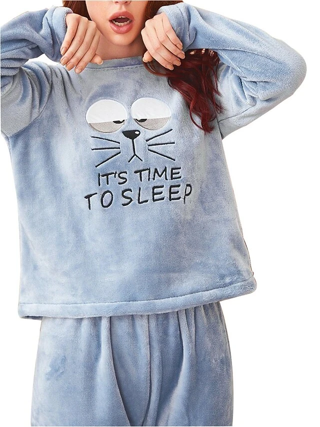 Women's Fuzzy Pajamas Sets Cartoon Cat Fashion Casual Soft Home Daily Bed Flannel Breathable Crew Neck Long Sleeve Pant Fall Winter Blue 7 Women's Fuzzy Pajamas Sets Cartoon Cat Fashion Casual Soft Home Daily Bed Flannel Breathable Crew Neck Long Sleeve Pant Fall Winter Blue - Image 5