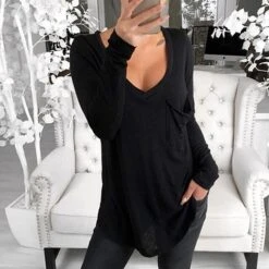 Women's Plus Size Loungewear Top Nighty Pure Color Basic Simple Comfort Home Daily Cotton V Wire Long Sleeve Pocket Spring Fall White Black -Ladies Pajamas Store guocbd1660905029693