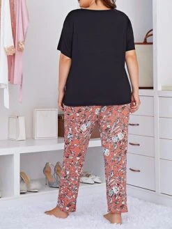Women's Plus Size Pajamas Loungewear Pajama Top And Pant Flower Casual Comfort Soft Home Daily Bed Polyester Breathable Crew Neck Short Sleeve T Shirt Tee Pant Elastic Waist Summer Spring Black -Ladies Pajamas Store guwwxr1680074887015