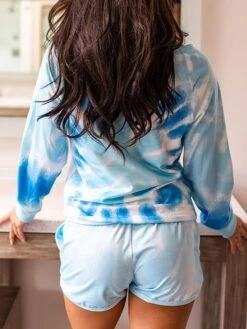 Women's Loungewear Sets Tie Dye Sport Casual Comfort Home Daily Gyms Polyester Breathable Crew Neck Long Sleeve Hoodie Shorts Pocket Fall Blue -Ladies Pajamas Store guxvua1693467400431