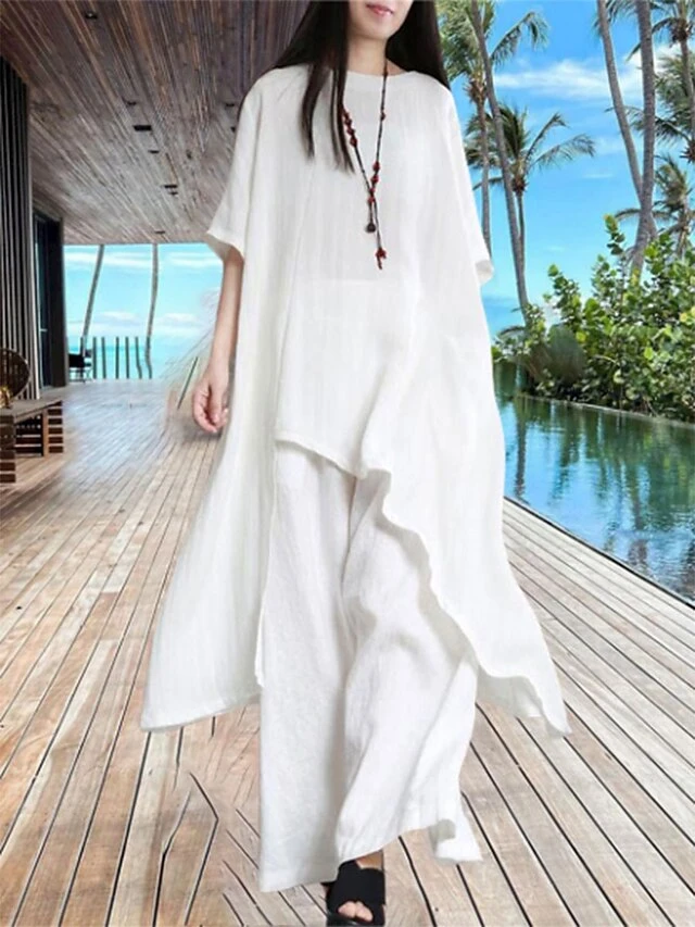 Women's Loungewear Sets Pure Color Simple Casual Comfort Home Daily Vacation Polyester Breathable Crew Neck Half Sleeve Shirt Pant Pocket Summer Spring Black White 3 Women's Loungewear Sets Pure Color Simple Casual Comfort Home Daily Vacation Polyester Breathable Crew Neck Half Sleeve Shirt Pant Pocket Summer Spring Black White