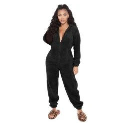 Women's Flannel Onesies Pajama For Adult Jumpsuits Nighty Pure Color Simple Comfort Party Home ChristmasWarm Gift Hoodie Long Sleeve Fall Winter Black -Ladies Pajamas Store gxyvng1639475944266