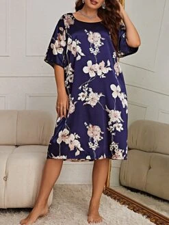 Women's Plus Size Nightgown Dress Flower Casual Comfort Soft Home Daily Bed Polyester Breathable Crew Neck Half Sleeve Dress Summer Spring Black Red -Ladies Pajamas Store gxzbdj1682485947738