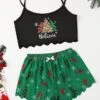 Women's Christmas Lounge Sets Letter Santa Claus Fashion Comfort Soft Home Daily Polyester Breathable Straps Sleeveless Strap Top Shorts Elastic Waist Fall Winter Red Elk Red Snowman -Ladies Pajamas Store gyomti1696232001809