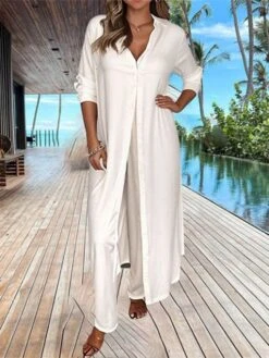 Women's Plus Size Loungewear Sets 2 Pieces Pure Color Fashion Casual Comfort Street Daily Date Spandex Breathable Lapel Long Sleeve Pant Summer Spring White Green
