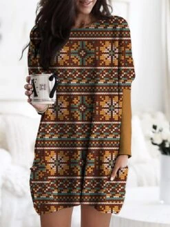 Women's Nightgown Stripe Geometic Fashion Comfort Home Daily Polyester Crew Neck Long Sleeve Pocket Fall Winter Red Blue -Ladies Pajamas Store hbujzk1694417621838