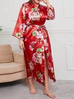Women's Plus Size Pajamas Bathrobe Flower Simple Casual Comfort Home Bed Satin Breathable V Wire Long Sleeve Summer Spring Red Green -Ladies Pajamas Store hccgvm1693986202075