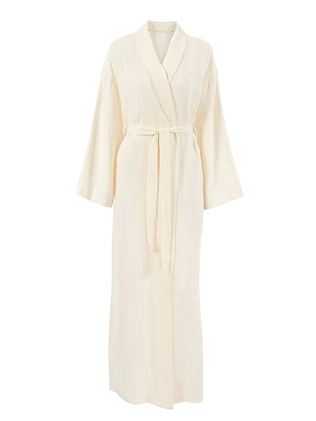 Women's Pajamas Bathrobe Robes Gown Pure Color Simple Casual Comfort Wedding Party Cotton Breathable V Wire Long Sleeve Fall Winter Beige 4 Women's Pajamas Bathrobe Robes Gown Pure Color Simple Casual Comfort Wedding Party Cotton Breathable V Wire Long Sleeve Fall Winter Beige - Image 2