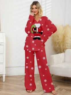 Women's Christmas Pajamas Sets Santa Claus Snowflake Warm Comfort Soft Home Christmas Daily Polyester Gift V Wire Long Sleeve Pant Fall Winter Wine Green