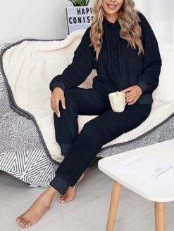 Women's Fleece Lounge Sets 2 Pieces Pure Color Fashion Casual Comfort Street Daily Date Polyester Warm Hoodie Long Sleeve Pant Fall Winter Pink Camel -Ladies Pajamas Store hezusq1689845869883