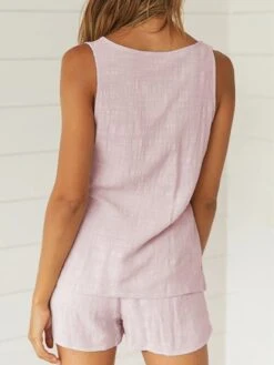 Women's Loungewear Sets Pure Color Fashion Simple Comfort Street Vacation Going Out Cotton Breathable V Wire Sleeveless Shorts Button Pocket Summer Spring Black White -Ladies Pajamas Store hfbbzz1680601033779