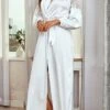 Women's Lace Insert Belted Night Robe Pure Color Simple Casual Soft Home Daily Bed Satin Silk Breathable V Wire Long Sleeve Summer Fall White -Ladies Pajamas Store hfdqgq1689577750295