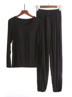 Women's Modal Pajamas Sets With Chest Pads Pure Color Casual Comfort Home Bed Modal Breathable Crew Neck Long Sleeve T Shirt Tee Pant Elastic Waist Fall Winter Black White -Ladies Pajamas Store hfsdqn1696841770110