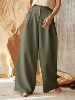 Women's Loungewear Pants Lounge Pants Pure Color Fashion Simple Casual Street Date Airport Cotton And Linen Breathable Long Pant Button Summer Spring Black Green -Ladies Pajamas Store hgeagx1685617395001