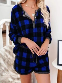 Women's Plus Size Loungewear Sets Grid / Plaid Simple Casual Comfort Home Daily Vacation Polyester Breathable V Wire Long Pant T Shirt Tee Shorts Button Elastic Waist Summer Spring Red Blue
