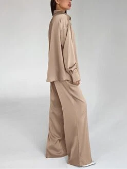 Women's Loungewear Sets Pure Color Fashion Comfort Soft Home Daily Bed Satin Breathable Lapel Long Sleeve Shirt Pant Button Pocket Fall Winter Khaki -Ladies Pajamas Store hgmnjj1693206723181