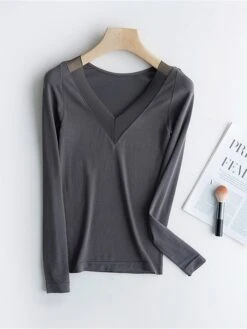 Women's Delong Thermal Shirt Top Pure Color Warm Simple Casual Home Daily Going Out Nylon Warm V Wire Long Sleeve Fall Winter Black Camel -Ladies Pajamas Store hgnrtc1697161966253