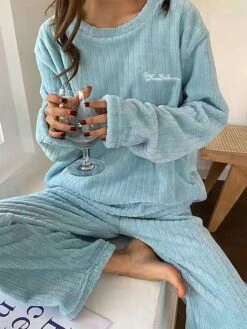 Women's Fleece Pajamas Sets Letter Plush Casual Comfort Home Daily Bed Coral Fleece Coral Velvet Warm Crew Neck Long Sleeve Pullover Pant Elastic Waist Fall Winter Light Pink White -Ladies Pajamas Store hgxzpg1696923352020