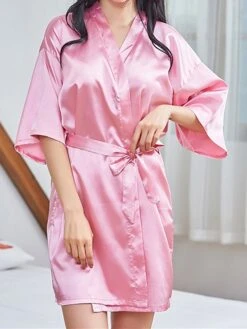 Women's Pajamas Robe Bathrobe Robes Gown Pure Color Casual Comfort Soft Home Daily Bed Satin Breathable V Wire Half Sleeve Summer Fall Black White -Ladies Pajamas Store hhxxiu1689686951457