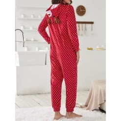 Women's Onesie Pajamas Elk Dot Warm Casual Xmas Home Christmas BedHoodie Long Sleeve Fall Winter Red -Ladies Pajamas Store hirvfq1695023629302