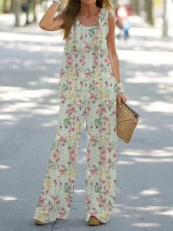 Women's Loungewear Sets 2 Pieces Crew Neck Tank Top And Wide Leg Pants Floral Print Casual Comfort Street Daily Polyester Breathable Summer Spring Light Green Green -Ladies Pajamas Store hkueas1688541591619