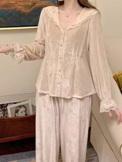 Women's Pajamas Sets Pure Color Casual Comfort Soft Home Daily Bed Velvet Breathable Lapel Long Sleeve Shirt Pant Button Fall Winter Pink Beige -Ladies Pajamas Store hmlmtc1697161963292