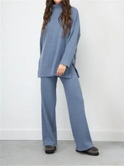 Women's Lounge Sets Turtle Neck Top And Wide Leg Pants Pure Color Fashion Casual Soft Home Daily Bed Polyester Breathable High Neck Long Sleeve Pant Fall Winter Black Blue