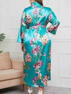 Women's Plus Size Pajamas Bathrobe Flower Simple Casual Comfort Home Bed Satin Breathable V Wire Long Sleeve Summer Spring Red Green -Ladies Pajamas Store holzxw1693986212947
