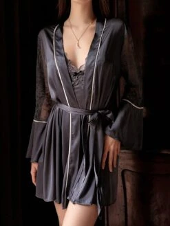 Women's Satin Silk Lace Robe Pajamas Nightgown Nightshirt Dress Pure Color Simple Casual Comfort Home Daily Bed Satin Breathable V Wire Long Sleeve Belt Included Fall Winter Black White -Ladies Pajamas Store hpuizg1697170318488