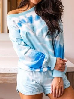 Women's Loungewear Sets Tie Dye Sport Casual Comfort Home Daily Gyms Polyester Breathable Crew Neck Long Sleeve Hoodie Shorts Pocket Fall Blue -Ladies Pajamas Store hrkacp1693467401783