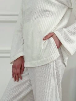 Women's Waffle Knit Lounge Sets Pure Color Fashion Casual Comfort Home Daily Polyester Breathable Crew Neck Long Sleeve Pant Fall Winter White -Ladies Pajamas Store hrvzyh1695798608080