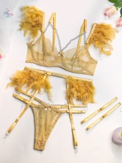 Women's Feather Sexy Lingerie Sets 4 Pieces Pure Color Lovers Hot Home Bed Date Lace Breathable Straps Sleeveless Backless Feather Summer Spring Light Pink White Powder -Ladies Pajamas Store hryqss1695712969316