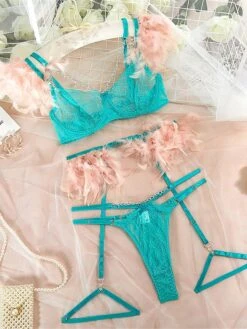 Women's Feather Sexy Lingerie Sets 4 Pieces Pure Color Lovers Hot Home Bed Date Lace Breathable Straps Sleeveless Backless Feather Summer Spring Light Pink White Powder -Ladies Pajamas Store hsdlim1695712965783