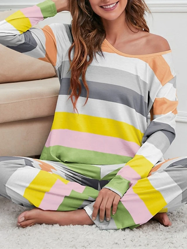 Women's Pajamas Nighty Pjs Sets 2 Pieces Rainbow Stripe Fashion Comfort Soft Home Daily Bed Cotton Breathable V Wire Long Sleeve T Shirt Tee Pant Spring Fall Yellow Blue 19 Women's Pajamas Nighty Pjs Sets 2 Pieces Rainbow Stripe Fashion Comfort Soft Home Daily Bed Cotton Breathable V Wire Long Sleeve T Shirt Tee Pant Spring Fall Yellow Blue - Image 17